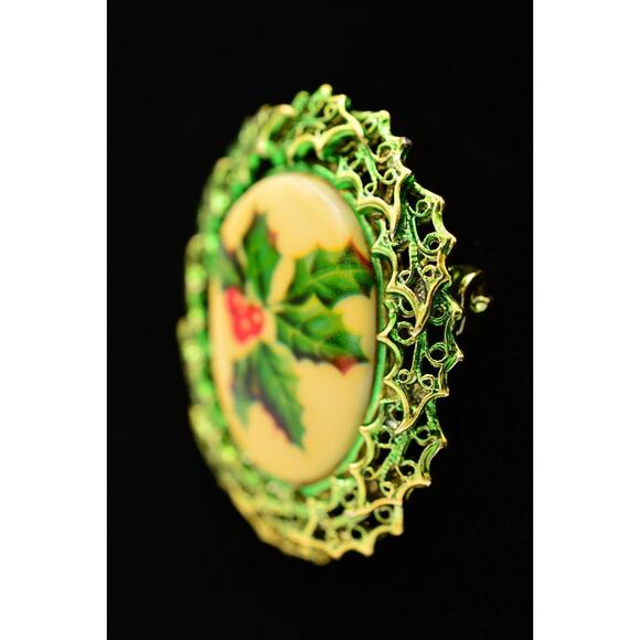 Tancer II Christmas Pin Brooch Holiday Red Berry Mistletoe Gold Signed BinAL - Picture 3 of 12